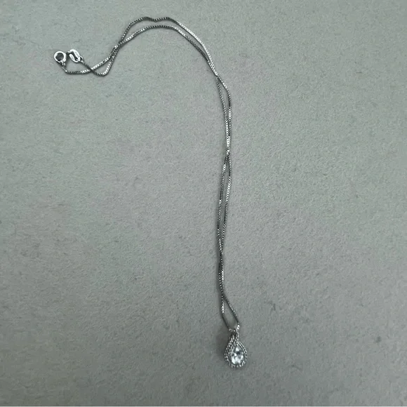 Aquamarine Teardrop Pendant Necklace White Topaz Sterling Silver 16” Chain - Picture 10 of 12